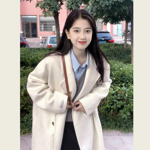 韩系秋冬高级感赫本风小个子气质燕麦色呢子大衣毛呢外套女中长款