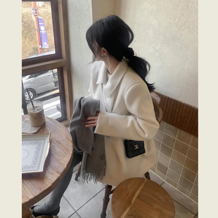 韩系白色翻领双排扣毛呢外套女冬季新款小个子中长款宽松呢子大衣