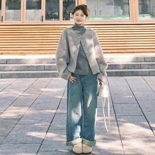 呢子大衣 韩系小个子小香风短款 高级感灰色百搭毛呢外套女冬季 新款