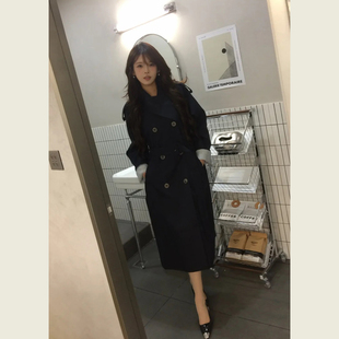 藏青色条纹卷边拼接袖口风衣女春秋季职场御姐风中长款系带外套