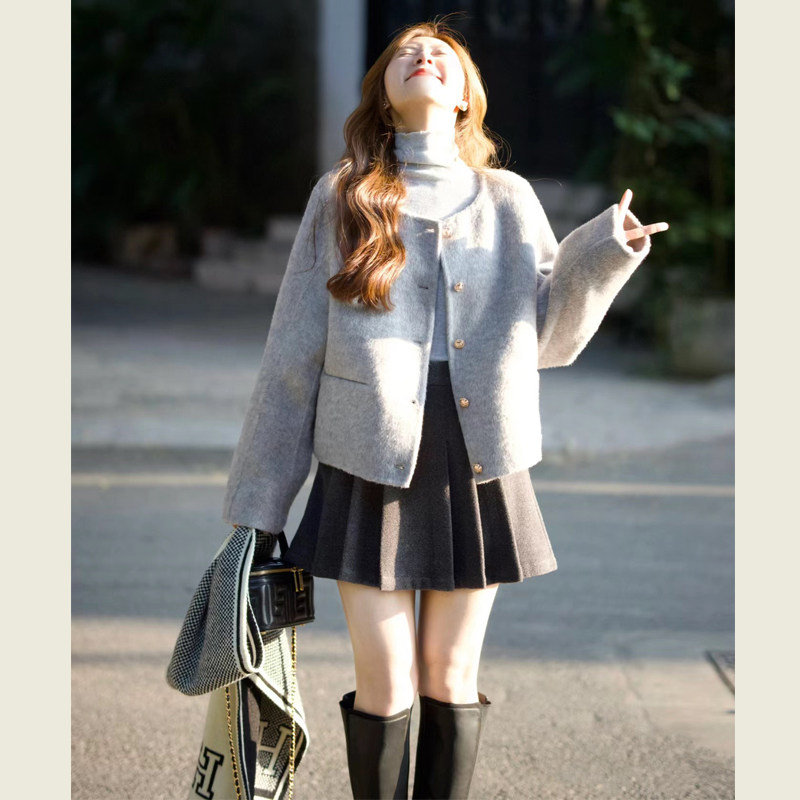 韩系高级感灰色短款毛呢外套女冬季新款小个子圆领小香风呢子大衣,女装/女士精品,毛呢外套,淘宝优惠券,粉丝福利购,淘宝优惠卷