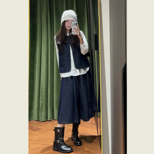 背心上衣高腰半身裙两件套 无袖 复古牛仔马甲半身裙套装 女春秋季