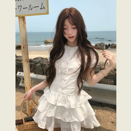 韩系学院风泡泡袖白色衬衫连衣裙