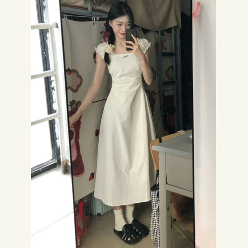 法式方领白色连衣裙女