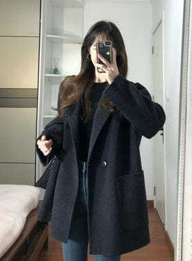 深灰色中长款毛呢外套女秋冬季韩系宽松百搭休闲西装领呢子大衣