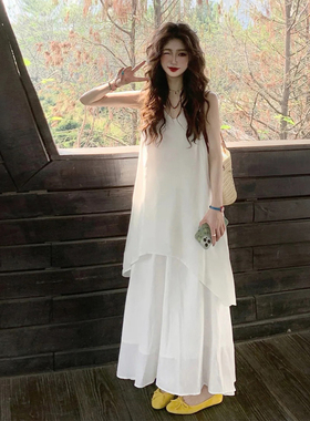 度假风白色套装连衣裙女高级感宽松无袖背心不规则半身裙两件套