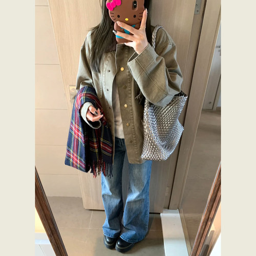 美式复古卡其绿工装外套
