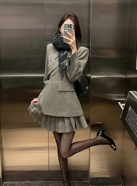 韩系灰色毛呢西装套装