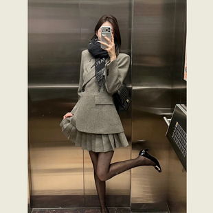 韩系毛呢西装套装女秋冬季灰色斜门襟毛呢外套高腰百褶裙两件套