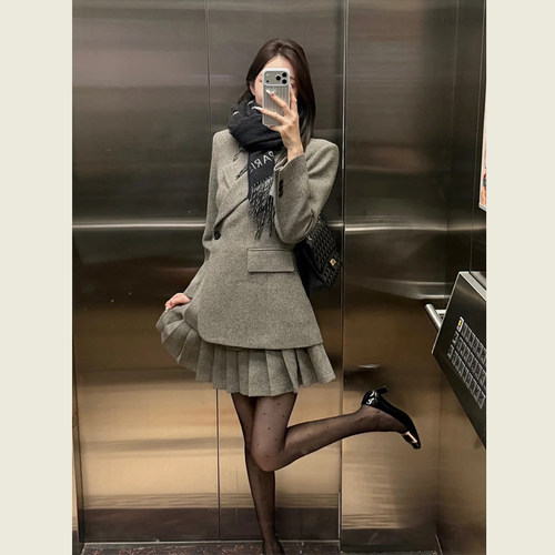 韩系灰色毛呢西装套装