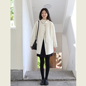 米白色简约圆领中长款 呢子大衣女冬新款 韩系气质宽松显瘦毛呢外套