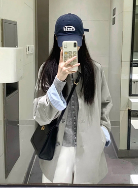 韩系灰色条纹翻袖单排扣风衣女春秋季小个子中长款宽松休闲外套