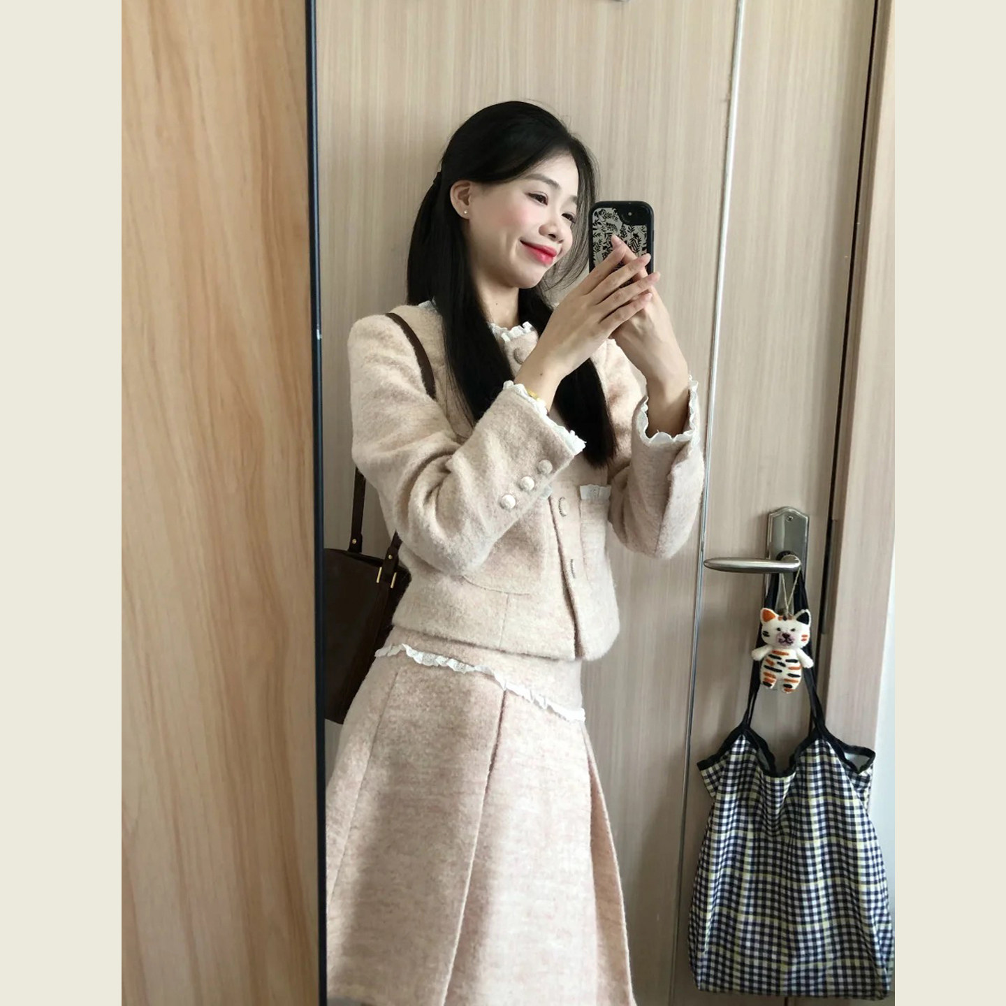 法式粉色小香风毛呢套装女秋冬季甜美减龄短外套高腰半身裙两件套,女装/女士精品,毛呢外套,淘宝优惠券,粉丝福利购,淘宝优惠卷