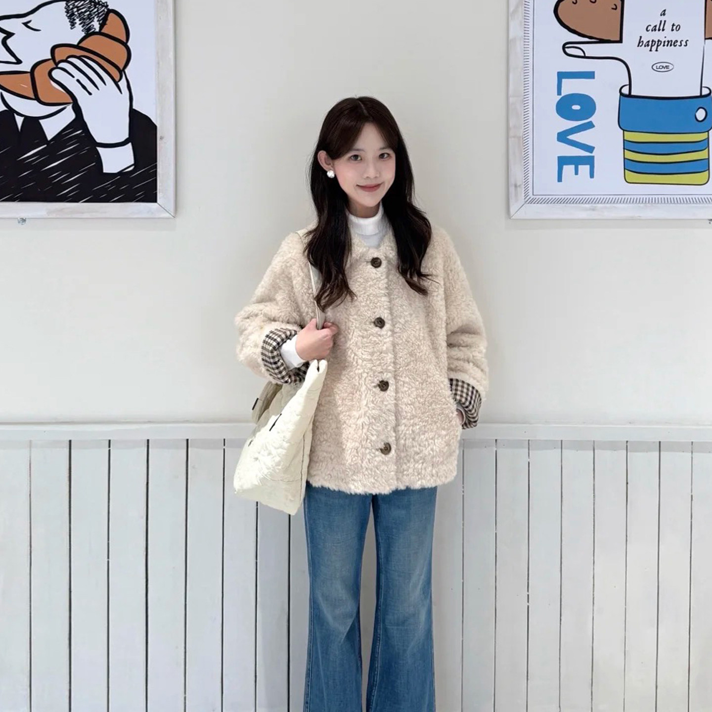 米白色翻领圈圈毛呢外套女秋冬季小个子格子拼接袖短款呢子上衣,女装/女士精品,毛呢外套,淘宝优惠券,粉丝福利购,淘宝优惠卷