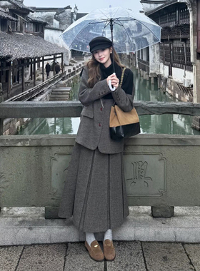 韩系复古灰色毛呢西装套装女秋冬季灰色呢子外套百褶半身裙两件套