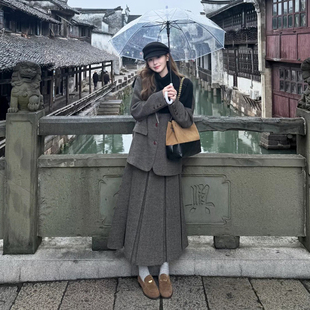 灰色呢子外套百褶半身裙两件套 女秋冬季 韩系复古灰色毛呢西装 套装