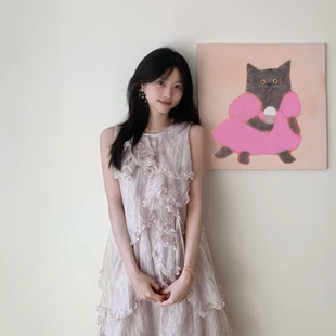 迷雾紫层叠木耳边无袖连衣裙女夏季新款小个子甜美减龄背心短裙