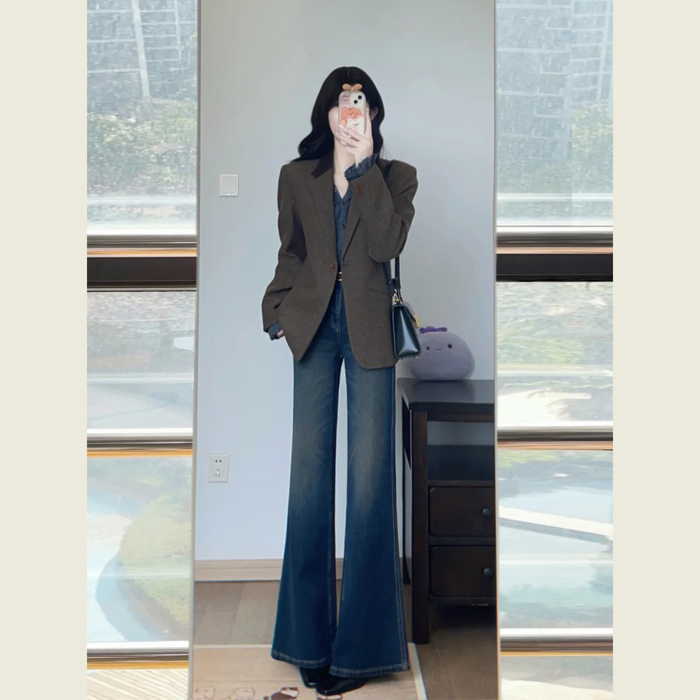 韩系英伦风棕色毛呢西装外套女秋冬季小个子撞色领显瘦呢子上衣