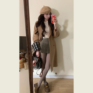 驼色双排扣收腰系带毛呢外套女秋冬季通勤风中长款显瘦呢子大衣