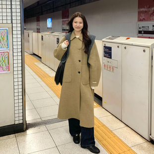 秋叶黄翻领单排扣毛呢外套女秋冬季通勤松系带中长款宽呢子大衣