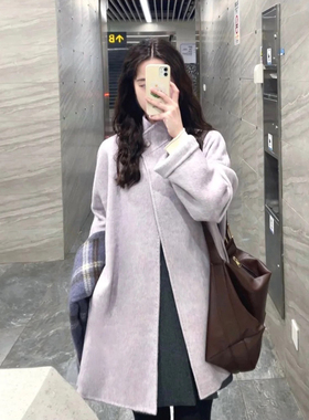 温柔风紫色立领毛呢外套女秋冬季小个子甜美减龄中长款呢子大衣