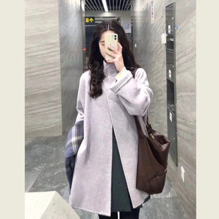 温柔风紫色立领毛呢外套女秋冬季小个子甜美减龄中长款呢子大衣