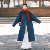 新款 韩系复古蓝色中长款 毛呢外套女秋冬季 小个子单排扣呢子大衣