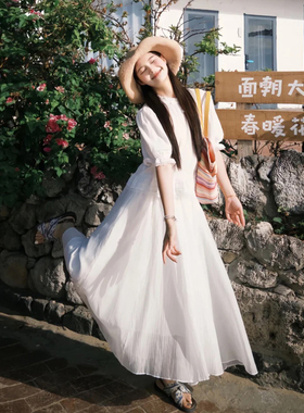 温柔度假风白色减龄套装女夏季蕾丝圆领花边小衫高腰半裙两件套