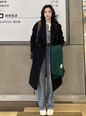 韩系赫本风黑色毛呢外套