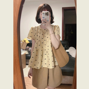 甜美减龄休闲套装 两件套 女夏蝴蝶结印花圆领短袖 衬衣高腰宽松短裤
