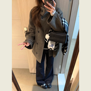 复古咖绿色立领毛呢外套女秋冬季小个子中长款宽松休闲呢子上衣