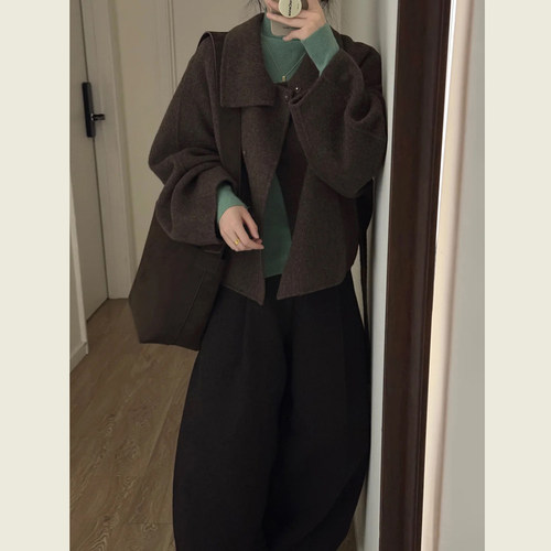 极简风棕色系带短款毛呢外套