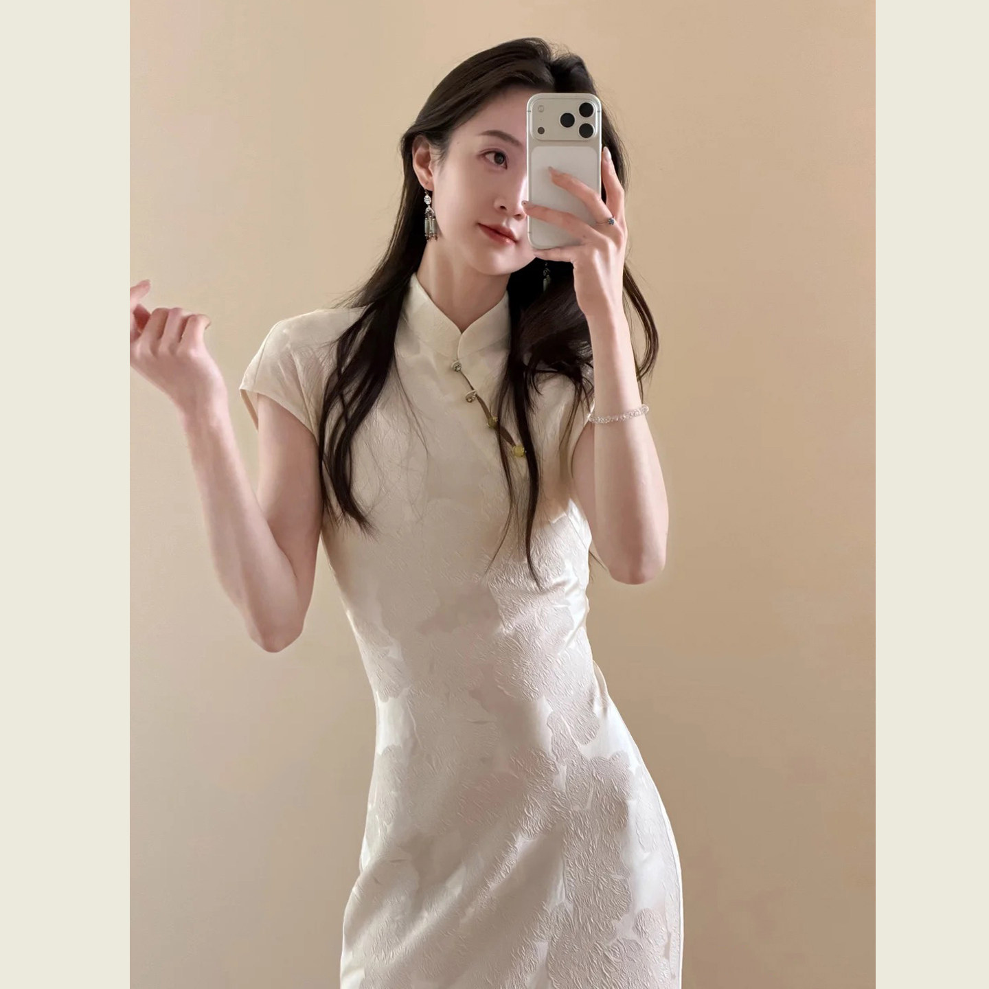新中式国风改良旗袍长裙女夏季茶色立领盘扣提花收腰显瘦连衣裙