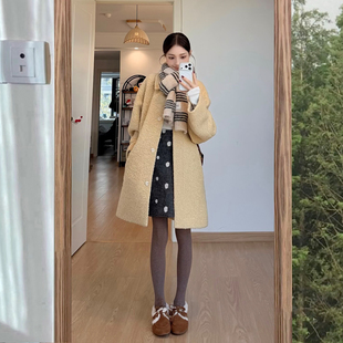 黄色翻领宽松显瘦圈圈毛呢外套女秋冬季小个子中长款减龄呢子大衣