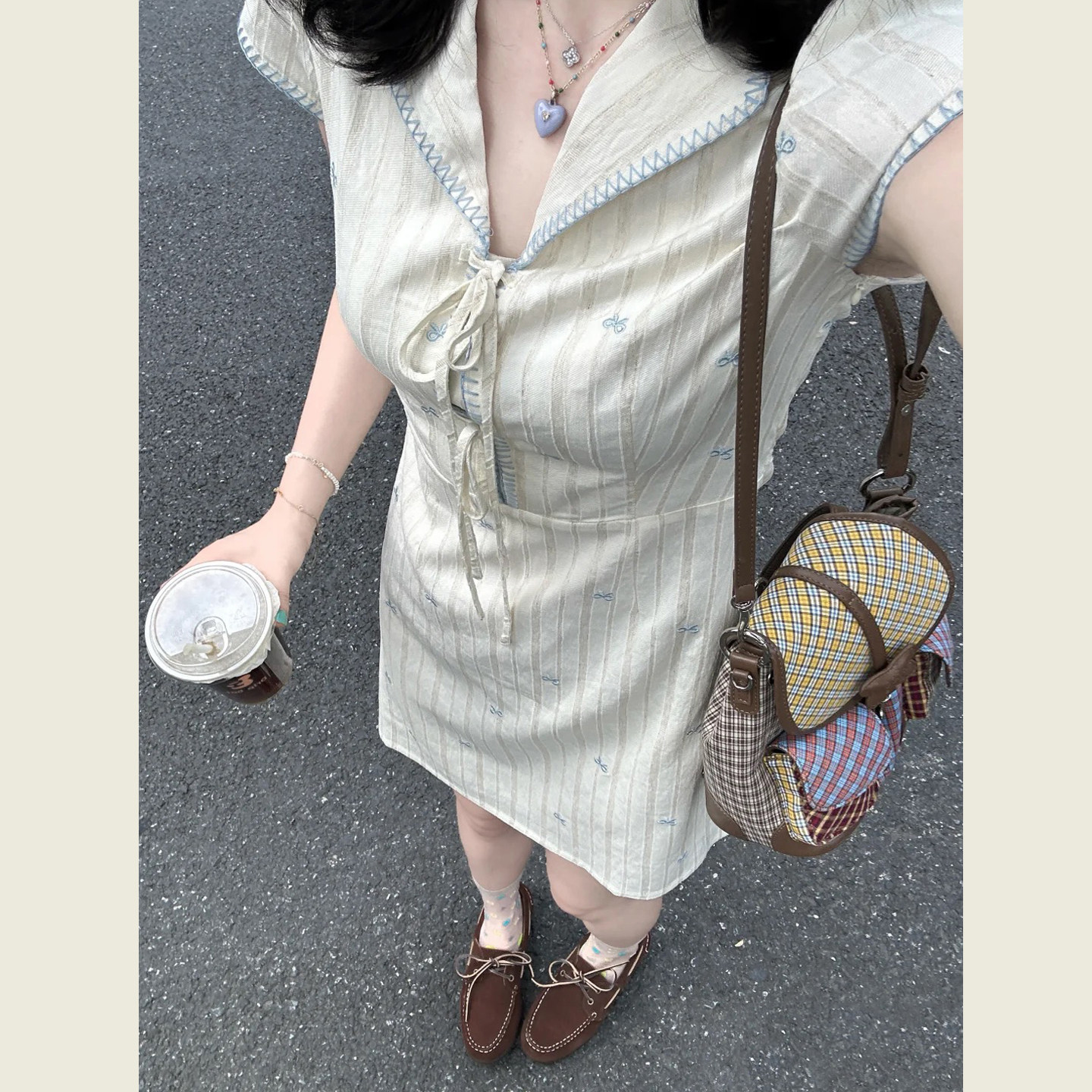 韩系学院风海军领刺绣条纹连衣裙女夏季绑带收腰显瘦甜美减龄短裙