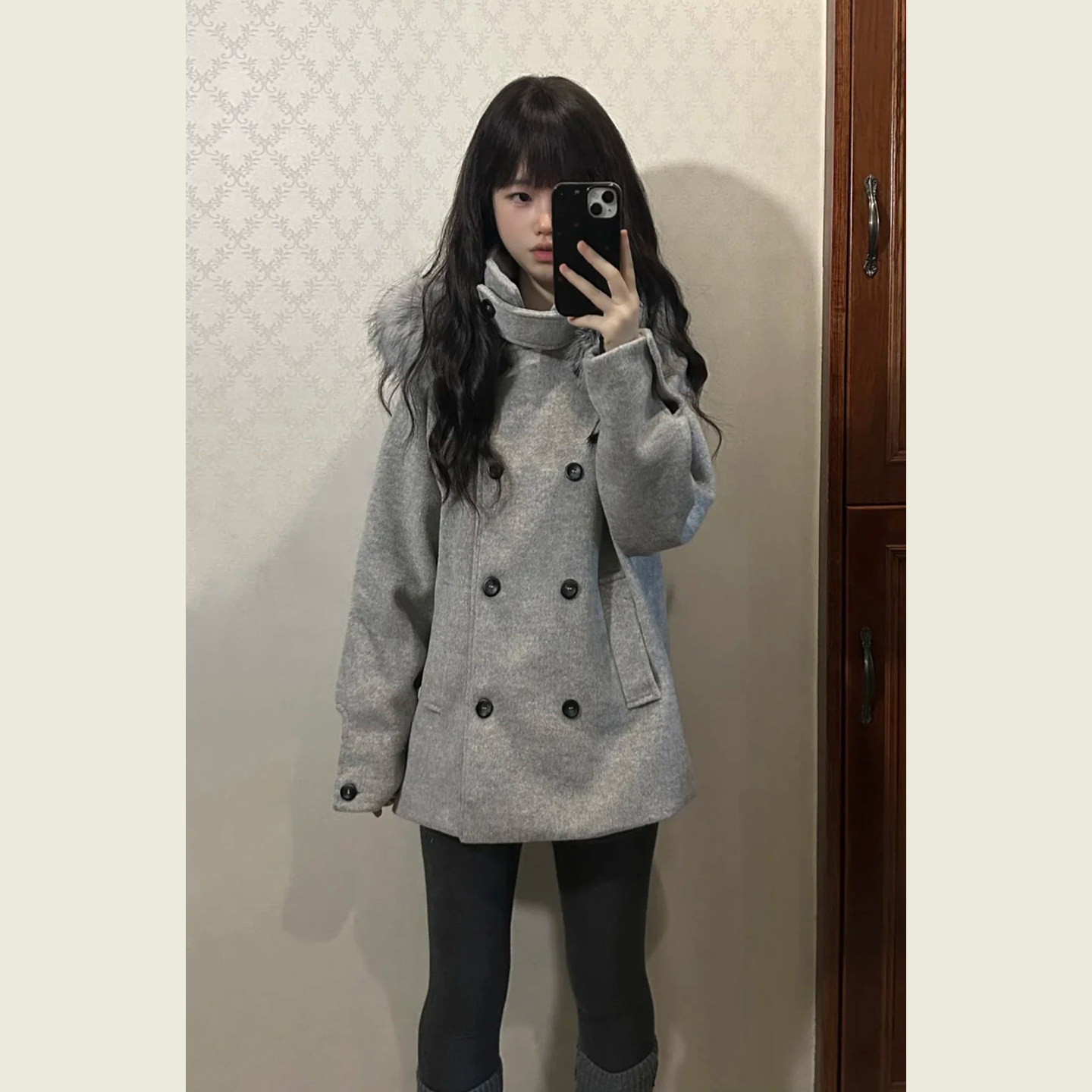 韩系学院风灰色双排扣毛呢外套女秋冬季小个子中长款连帽呢子大衣