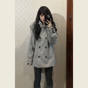 韩系学院风灰色双排扣毛呢外套女秋冬季小个子中长款连帽呢子大衣