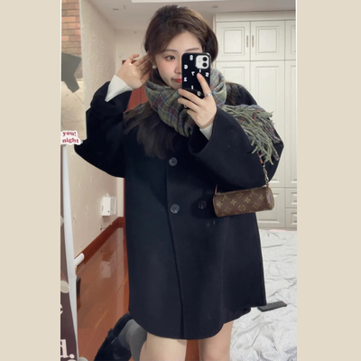 2023韩系呢子大衣高级感黑色小个子秋冬装搭配显高毛呢外套女短款