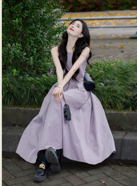 法式灰紫色立裁背心连衣裙女夏季新款度假风显瘦收腰A字大摆长裙