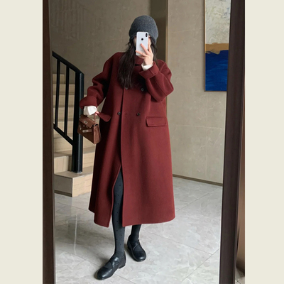 安可拉红色双排扣毛呢外套