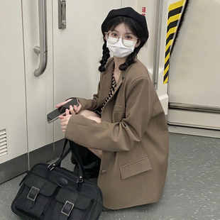 韩版 新款 小个子宽松休闲炸街西服 外套女春秋装 高级感咖色西装
