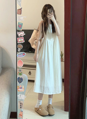 高级感法式气质无袖连衣裙女夏宽松显瘦压褶小个子白色长裙背心裙