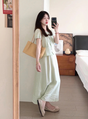甜美温柔风青绿色套装女夏季蕾丝花边衬衫上衣高腰半身裙两件套