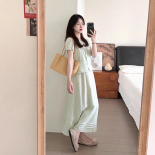 甜美温柔风青绿色套装女夏季蕾丝花边衬衫上衣高腰半身裙两件套