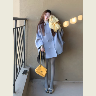 温柔千金风蓝色翻领毛呢大衣女秋冬季小个子双排扣斗篷式呢子外套