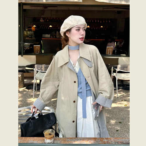 燕麦色立领拼格纹廓形英伦感风衣