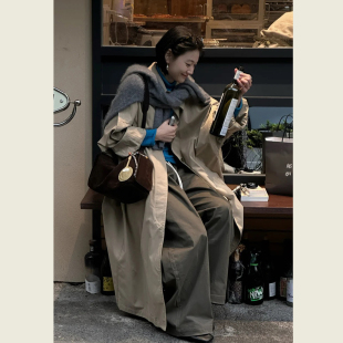 卡其色廓形翻领单排扣长风衣女春秋季 外套 韩系极简风宽松休闲长款