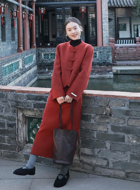 新年战袍订婚礼服红色毛呢套装女秋冬新中式外套高腰半身裙两件套