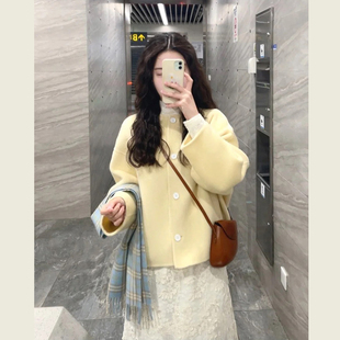 温柔韩系风黄色圆领毛呢外套女秋冬季小个子宽松减龄短款呢子大衣