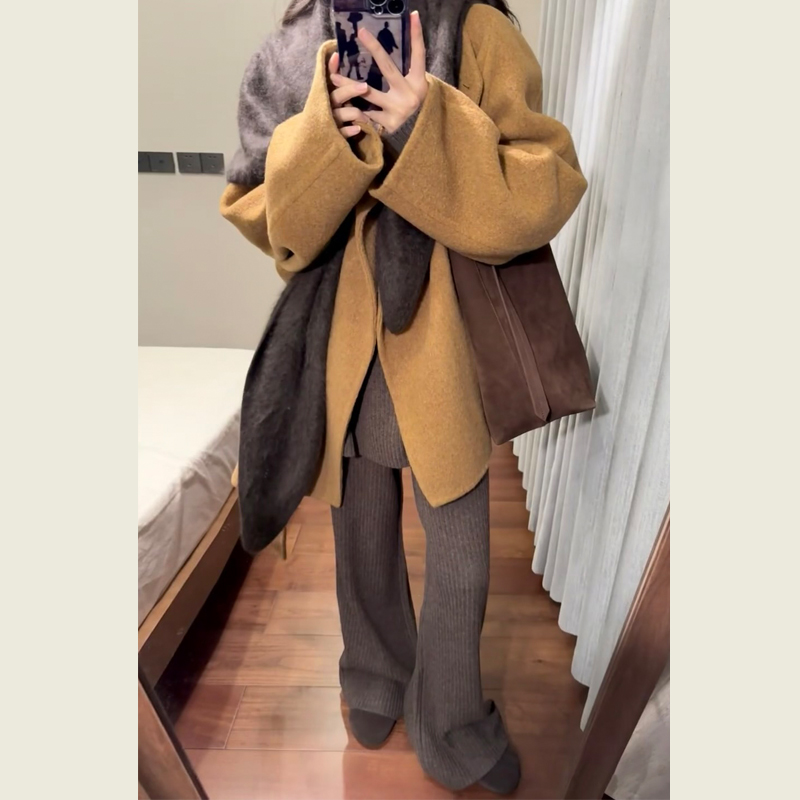 高级感复古棕色呢子大衣女中长款秋冬韩版小个子宽松显瘦毛呢外套
